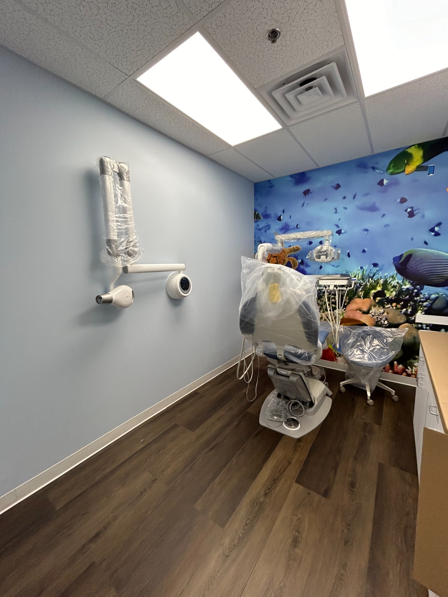 Dental chair in pediatric operatory with underwater ocean mural and wall-mounted light