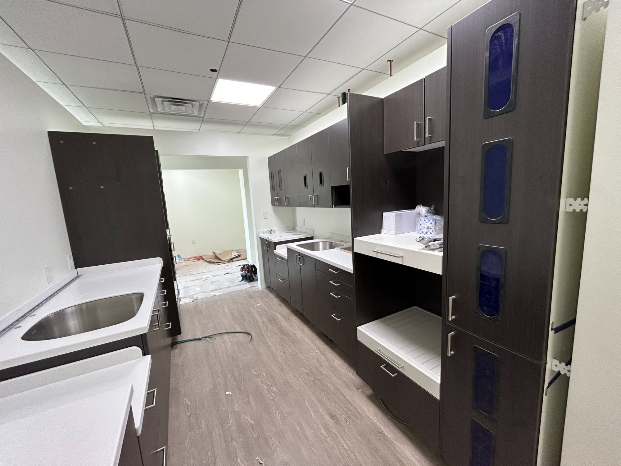 Dental sterilization center installation with dark cabinetry, dual sinks, and overhead storage