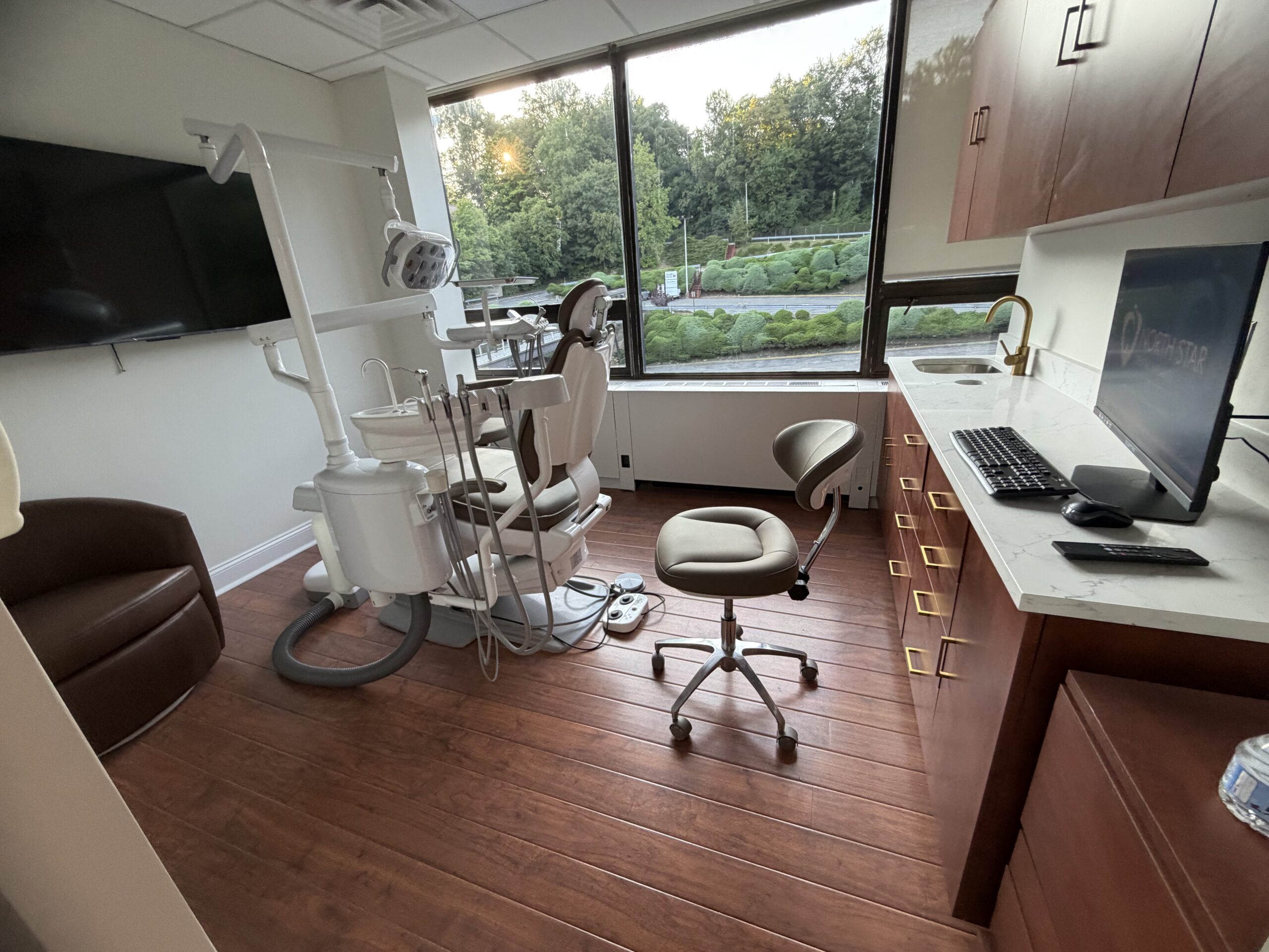 Dental operatory with quartz countertop, wood cabinetry, gold hardware, and treetop window views